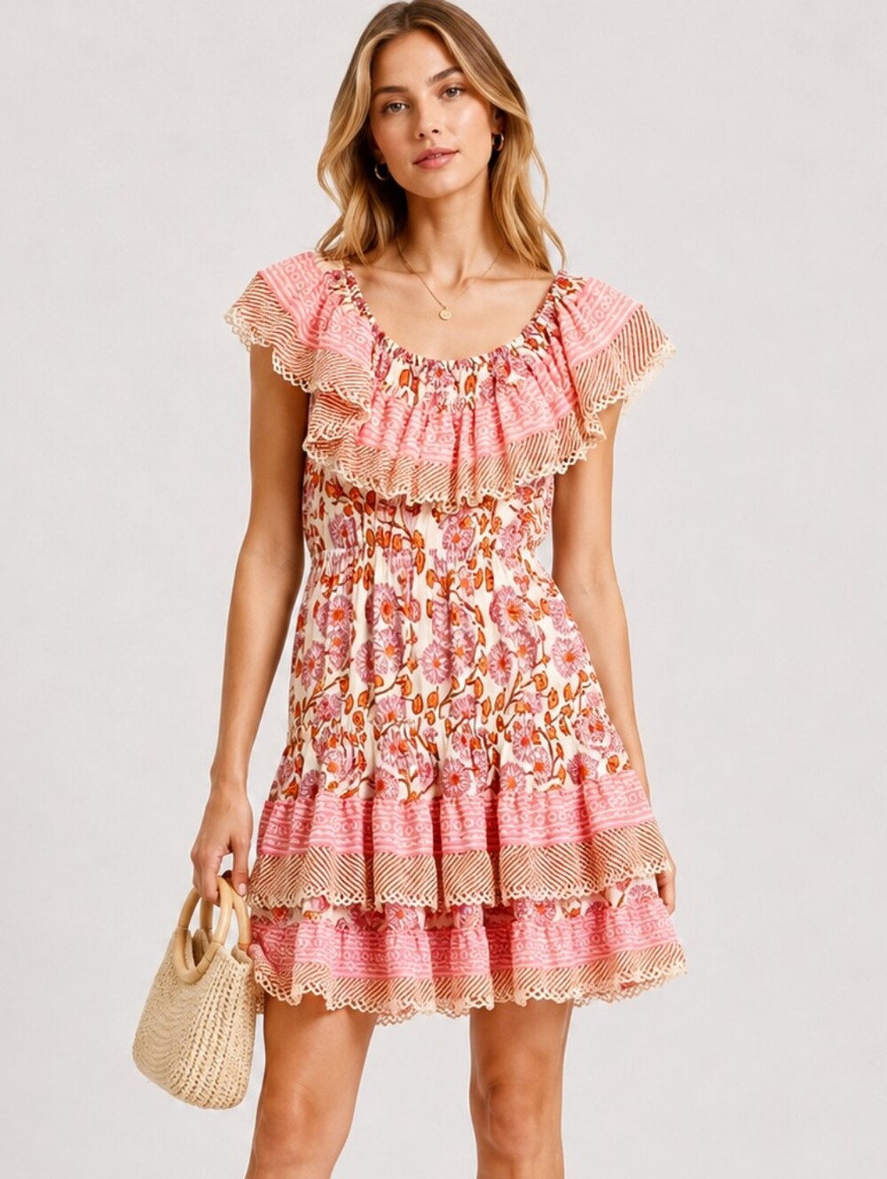 Bell By Alicia Bell Silk Coral Pink Floral Mini Dress